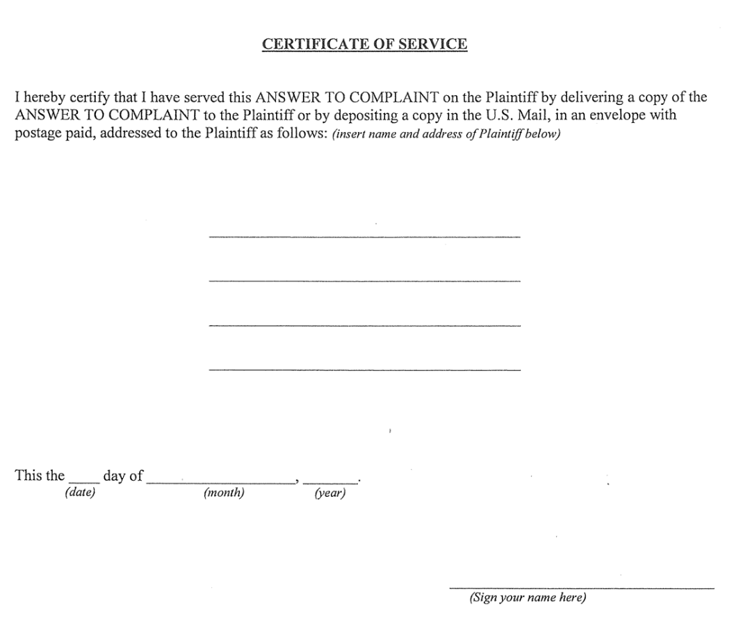 Image of North Carolina Certificate of Service Portion of Answer Form