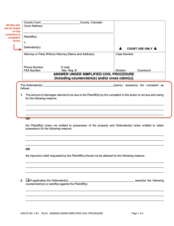 Image of Colorado Answer Form - Civil County Court