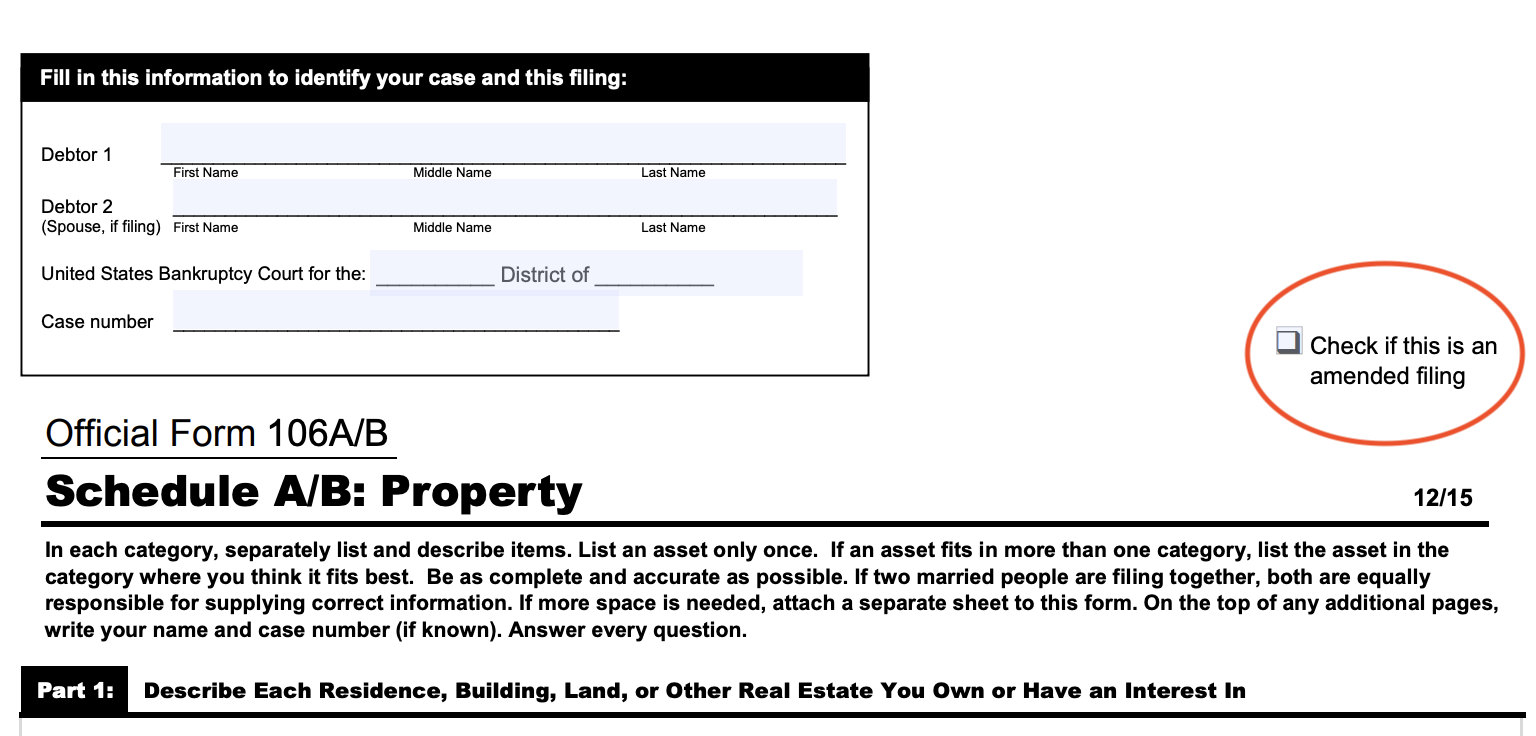 Screenshot of Official Form 106A/B (Schedule A/B: Property) used in bankruptcy filings. On the right, a checkbox labeled “Check if this is an amended filing” is outlined in red. 