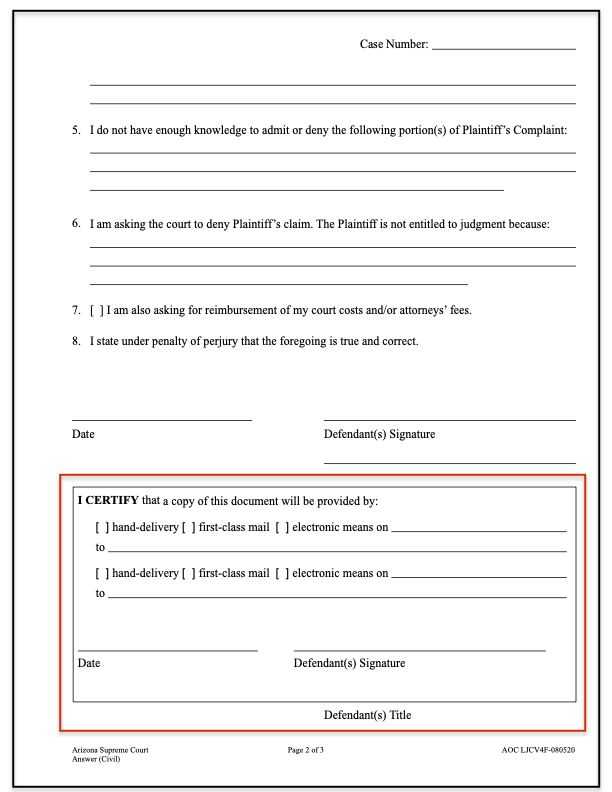 Image of an Arizona Answer Form with the Certification Section outlined in red