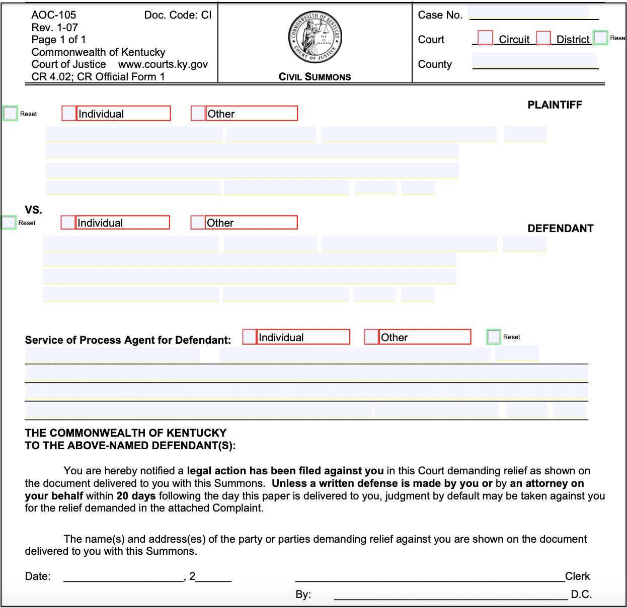 Image of a Kentucky Civil Summons