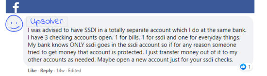 Facebook post about keeping SSDI in a separate account. 