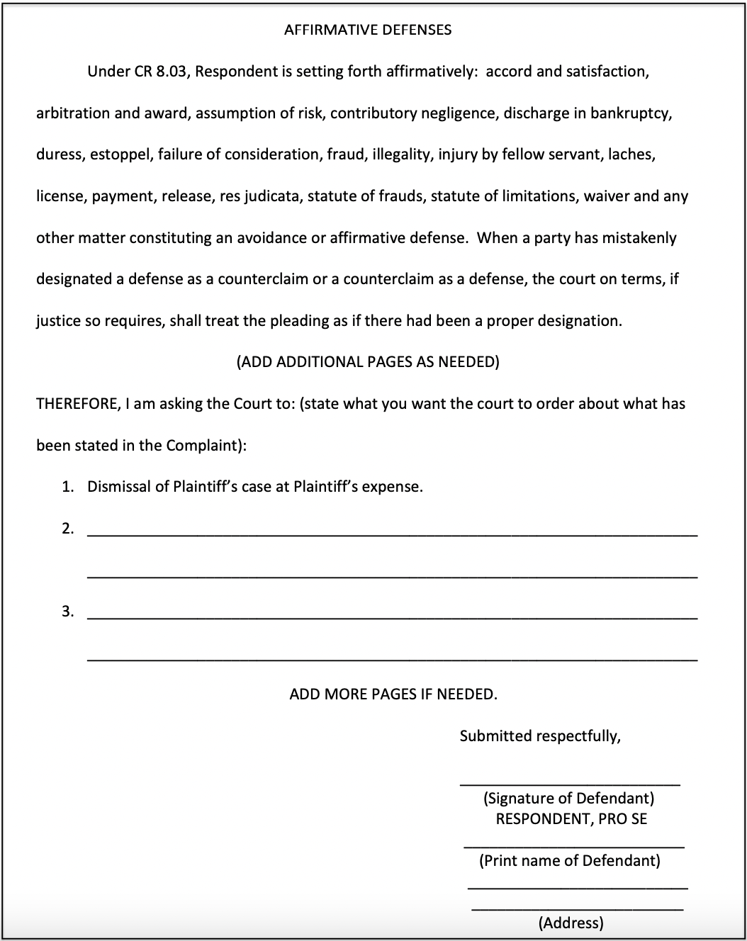 Image of the Affirmative Defenses section of a Kentucky Answer Form