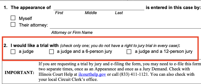 Image of an Illinois Appearance Form with the Trial Option Outlined in Red