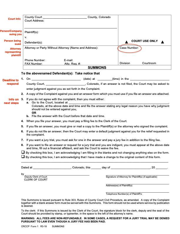 Image of a blank Colorado Summons Form County Court