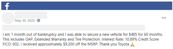 Facebook post from Upsolve User Group about car person was able to purchase after filing bankruptcy