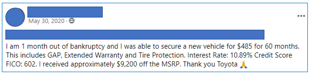 Facebook post from Upsolve User Group about car person was able to purchase after filing bankruptcy
