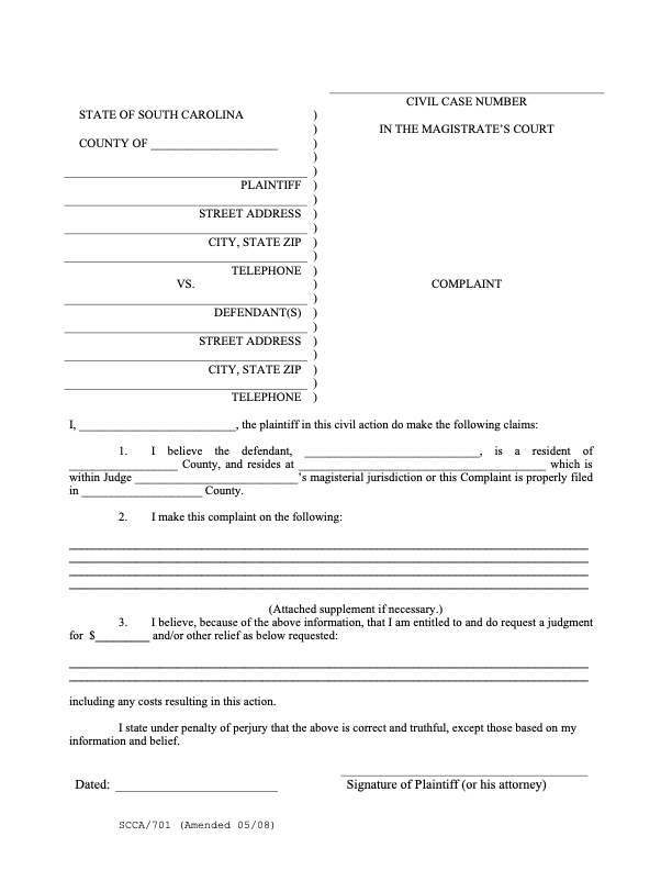 Image of a blank South Carolina Complaint Form