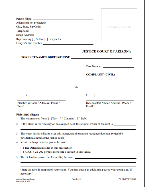 Image of an Arizona Complaint Form