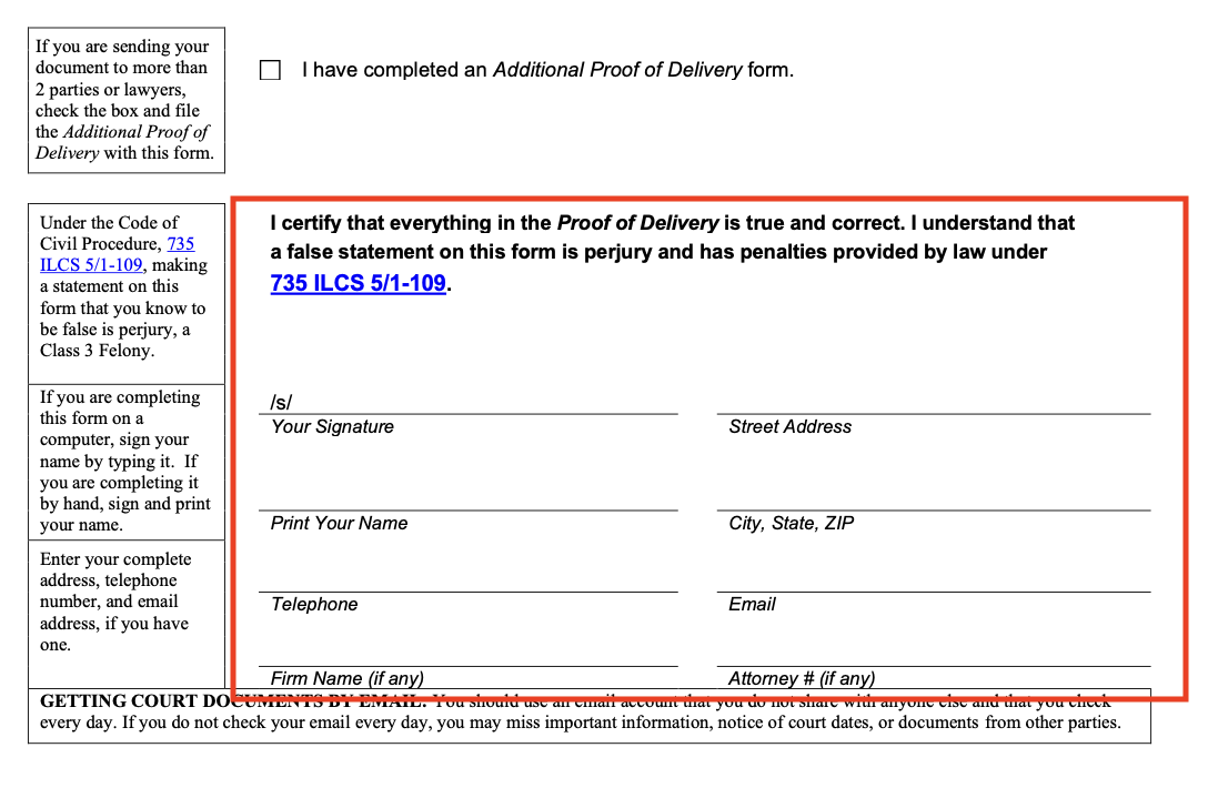 Image of an Illinois Proof of Delivery form with the certification section outlined in red