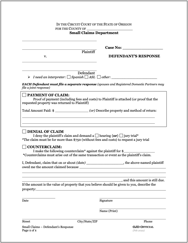 Image of the official Oregon Small Claim Response Form