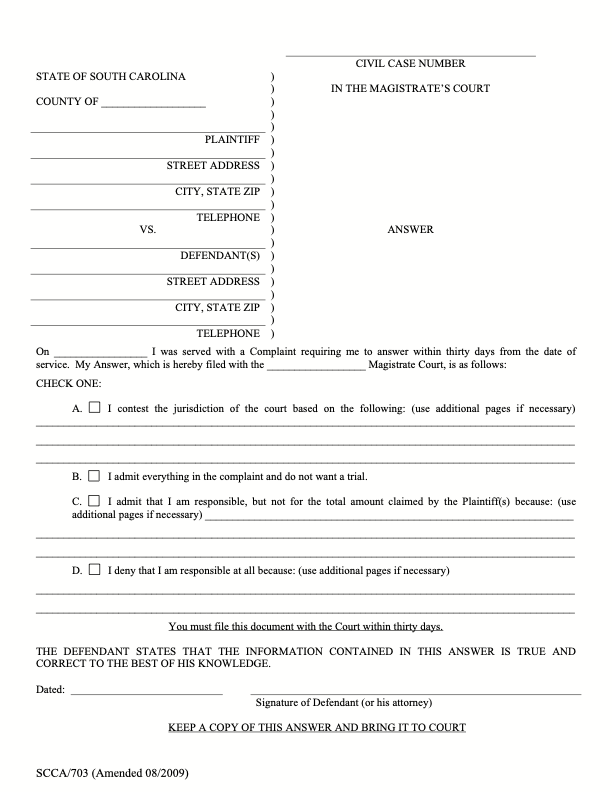 Image of a blank South Carolina Answer Form