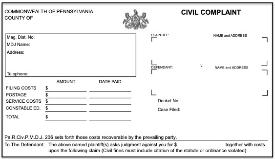 Image of a Pennsylvania Civil Complaint form