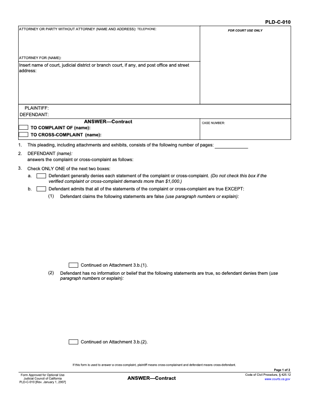 Image of page 1 of a California Answer Form for a Civil Suit
