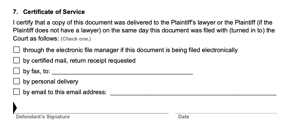 Image of the Certificate of Service section of a blank Texas Law Help Answer Form