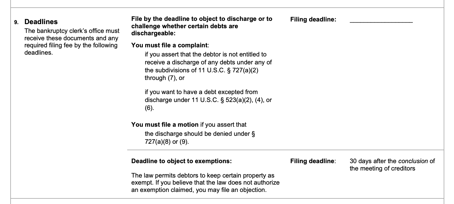 Section 9 of Form 309A showing important deadlines in a bankruptcy case. It outlines the filing deadline to object to discharge or exemptions.