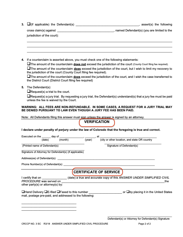 Image of the Verification and Certificate of Service portion of the Colorado Answer Form 