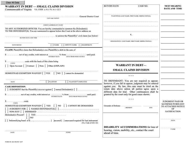 Image of a Virginia Warrant in Debt - Small Claims Division