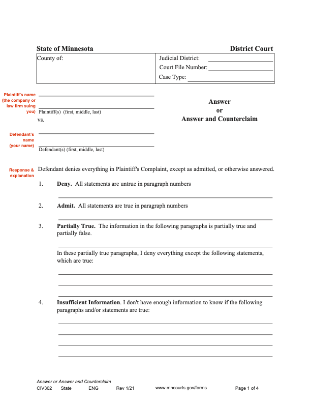 Image of a Minnesota District Court Answer Form