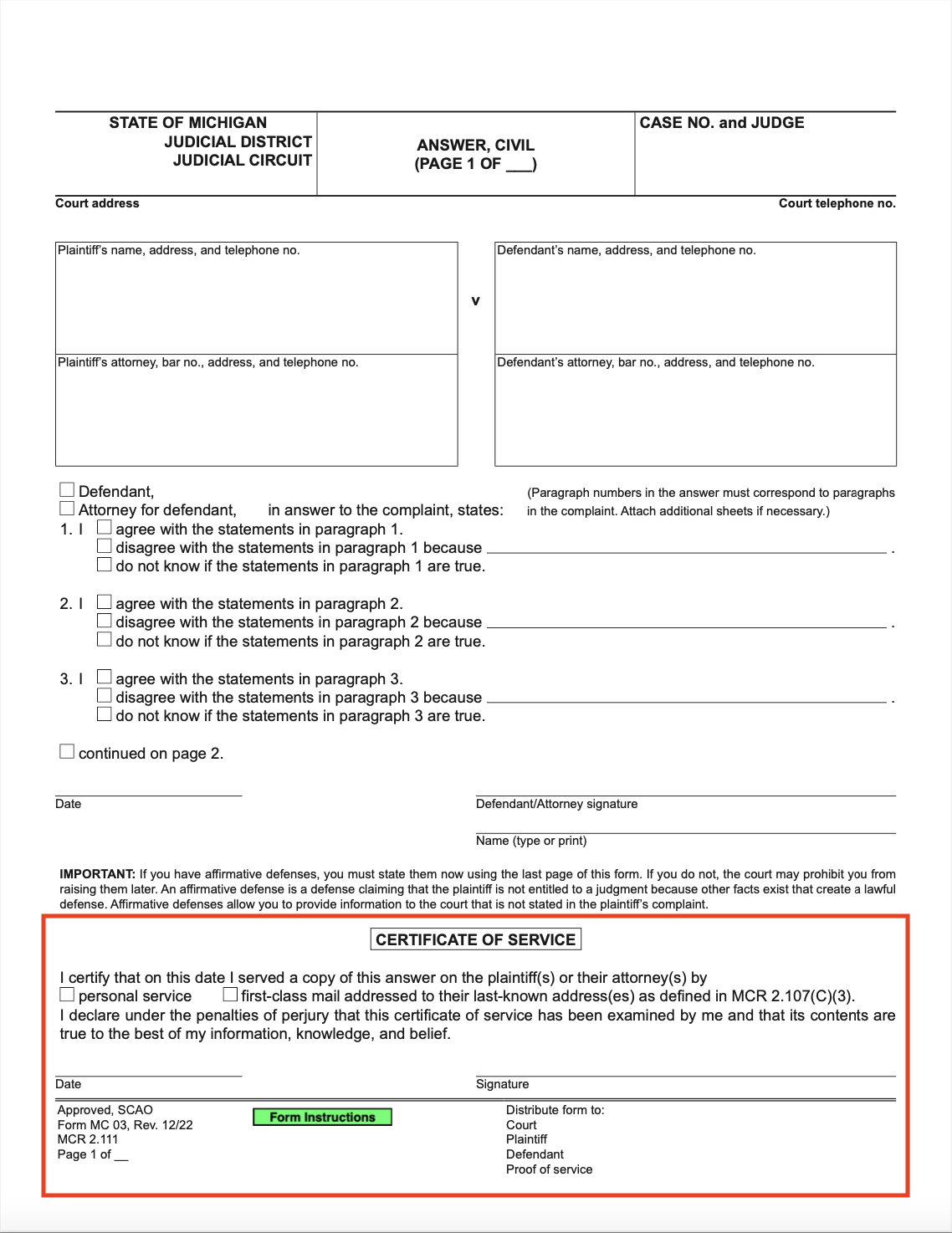 Image of a Michigan Answer form for civil cases with a red box around the Certificate of Service section