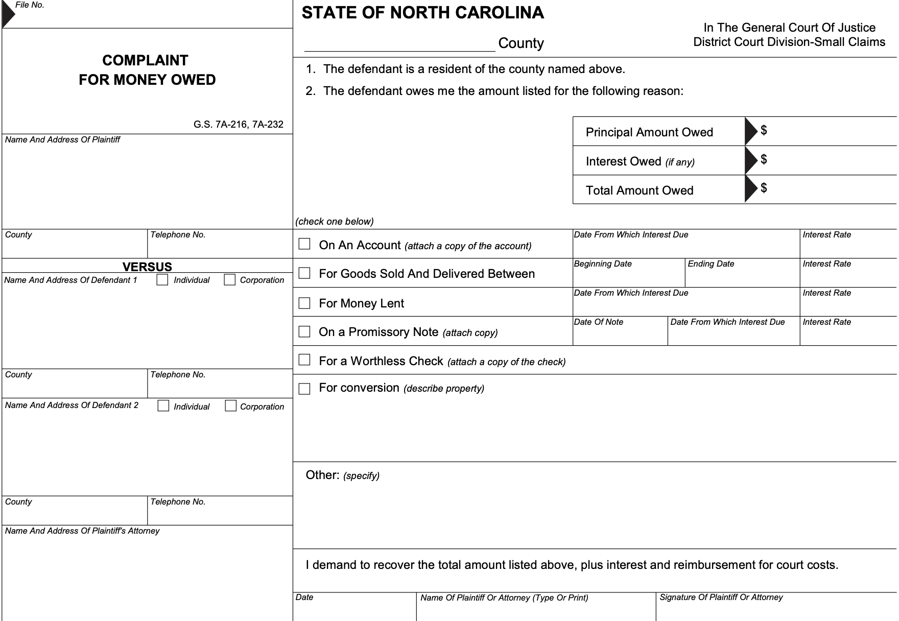 Image of a North Carolina Complaint for Money Owed form