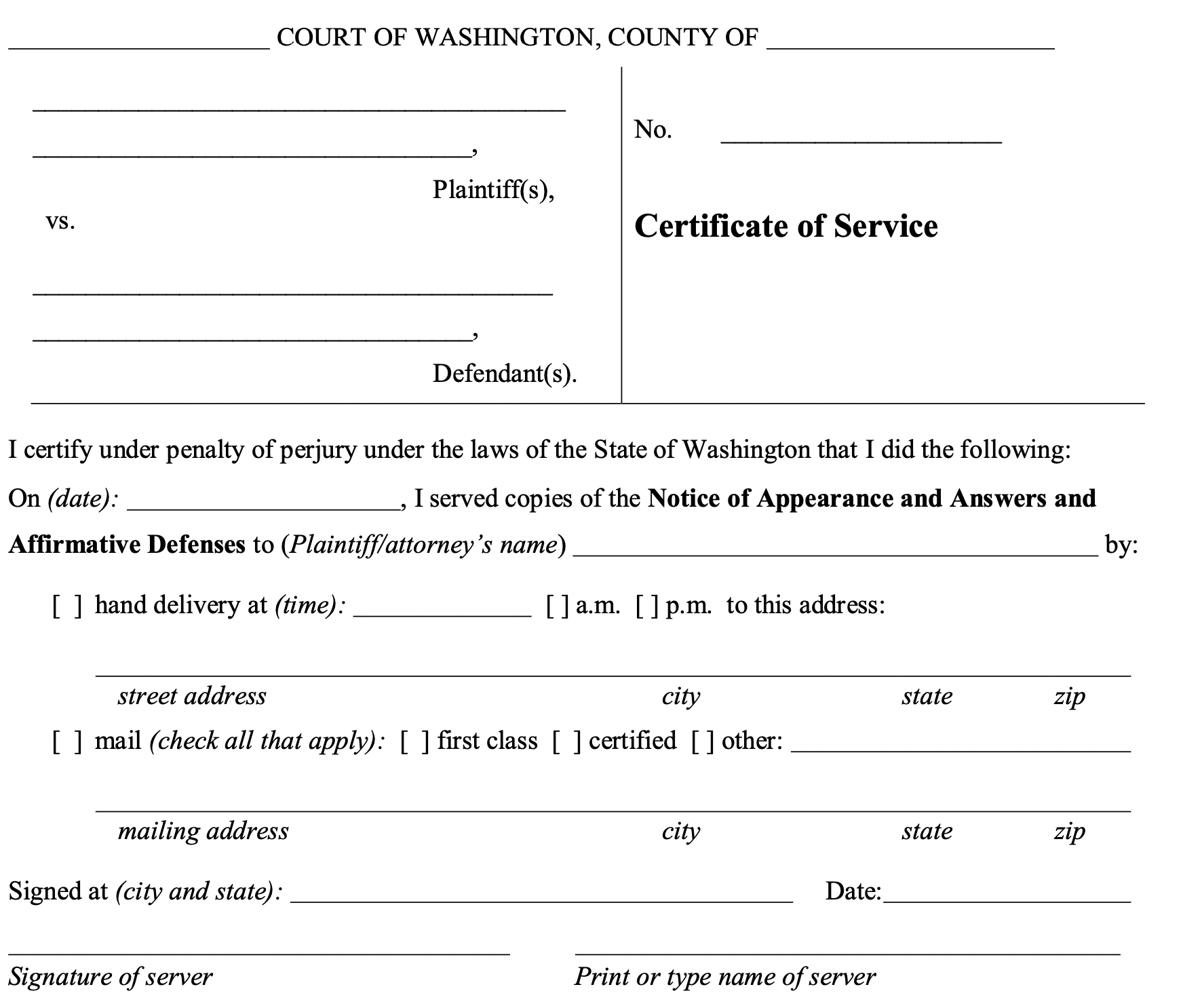 Image of a blank Washington Certificate of Service Form