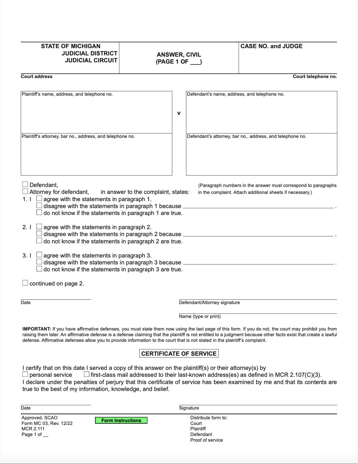 Image of the first page of a Michigan Answer Form for a civl case