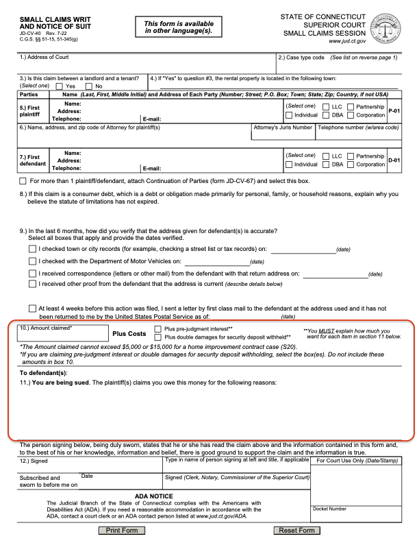 Image of a blank Connecticut Small Claims Writ form