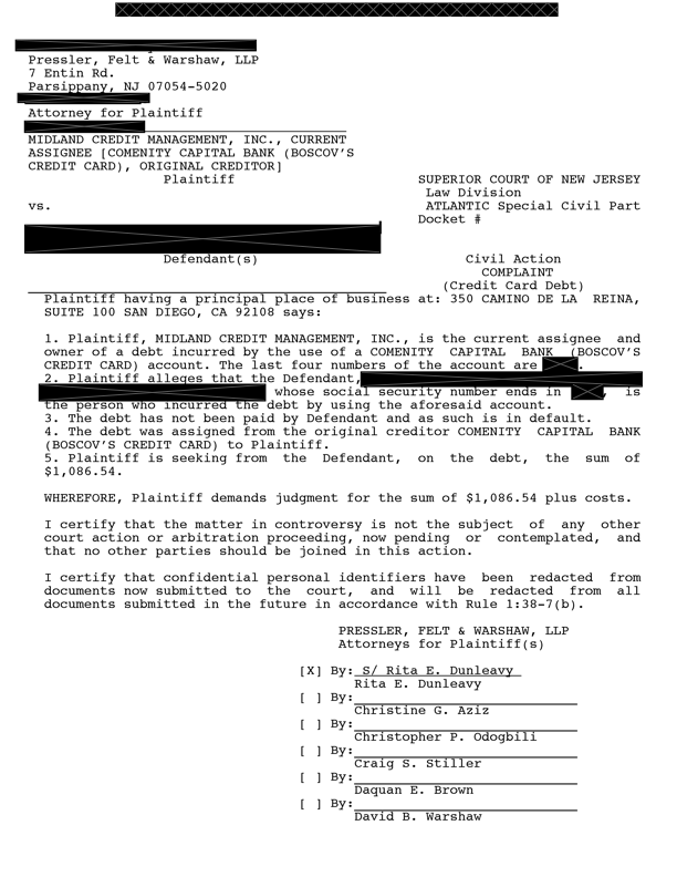 Image of a New Jersey Debt Lawsuit Complaint (redacted)