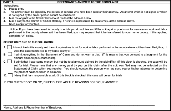 Image of a blank Alabama Defendants Answer Form Part 1