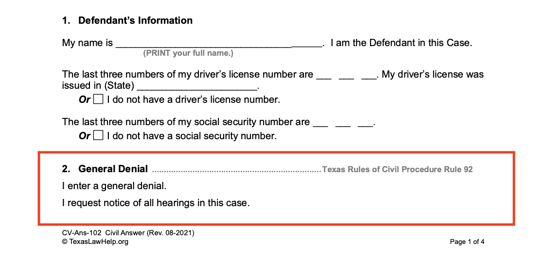 Image of teh Defendant's Information and General Denial sections of the Texas Law Help Answer form