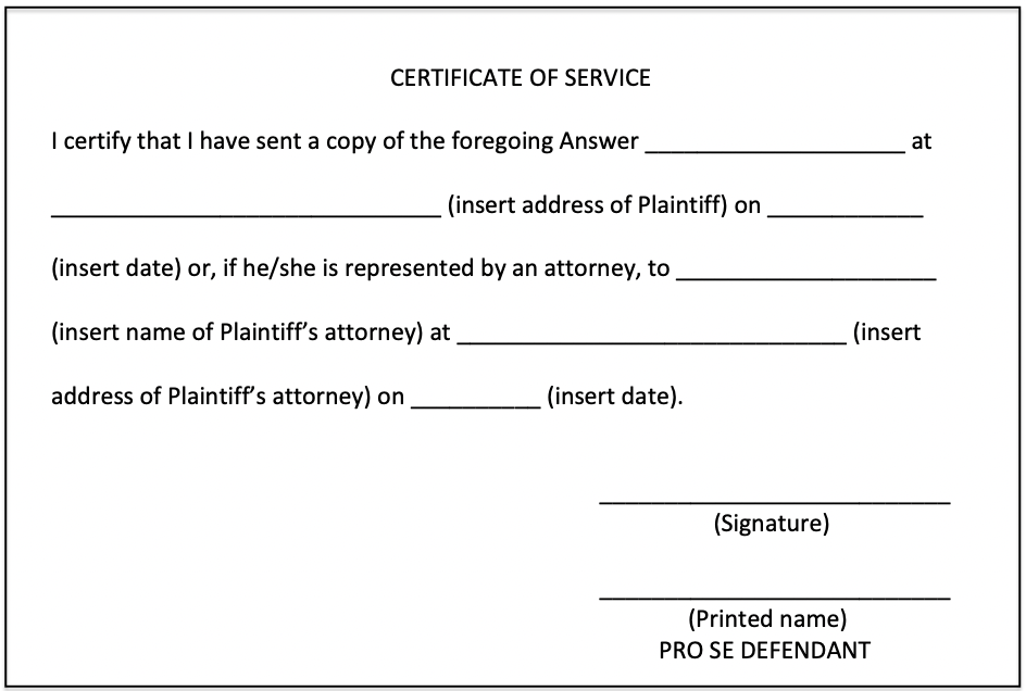 Image of the Certificate of Service portion of a Kentucky Answer Form
