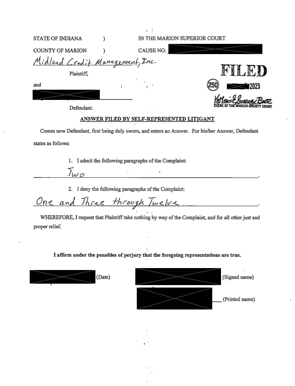 Image of an Answer form Filed by Self Represented Litigant in Indiana with personal information redacted