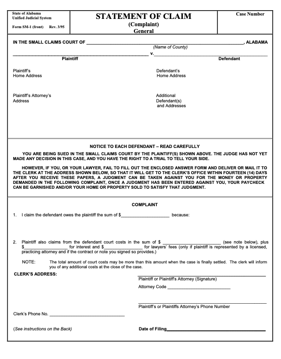 Image of a blank Alabama Small Claims Statement of Claim (Complaint) Form