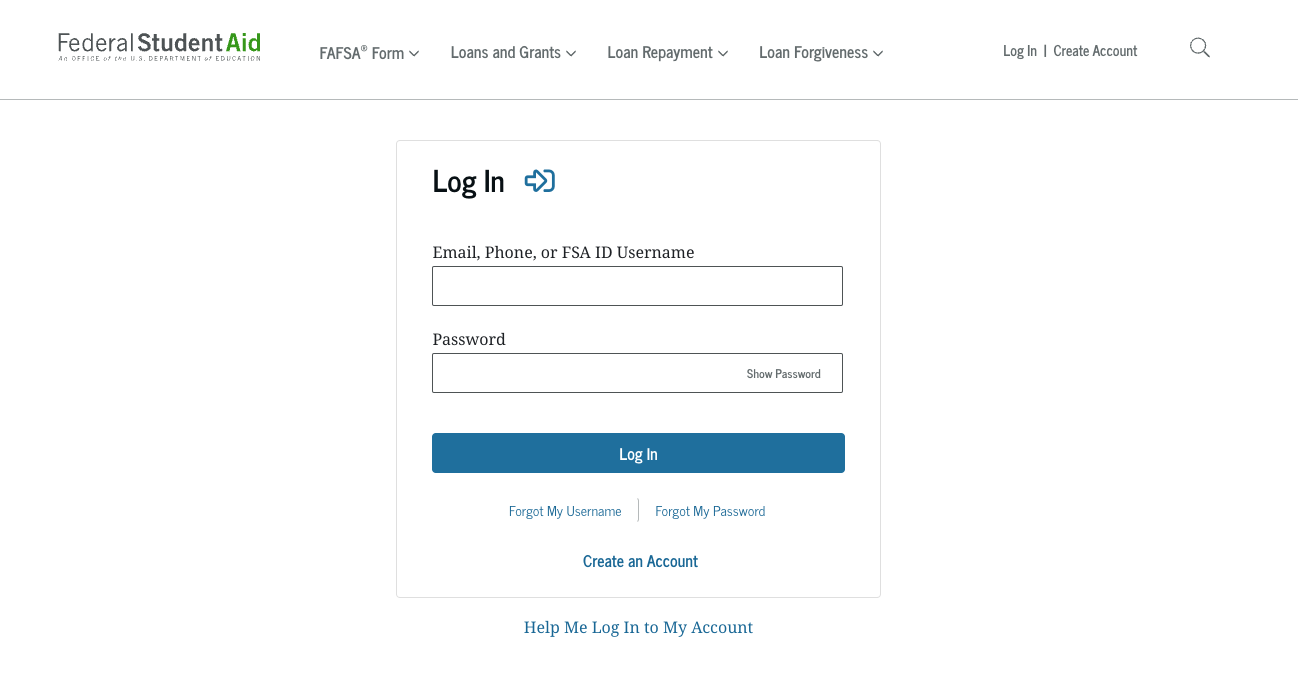 Screenshot of the studentaid.gov login screen showing username and password fields