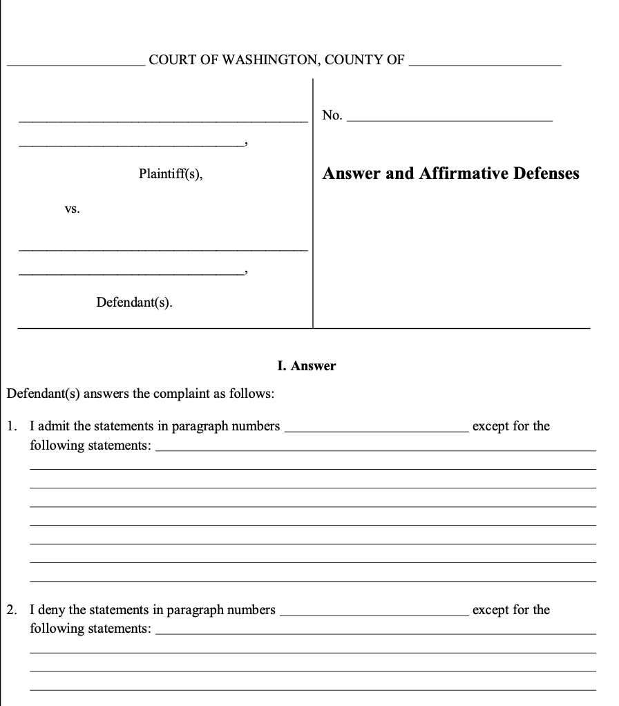 Image of a blank Washington Answer and Affirmative Defenses Form