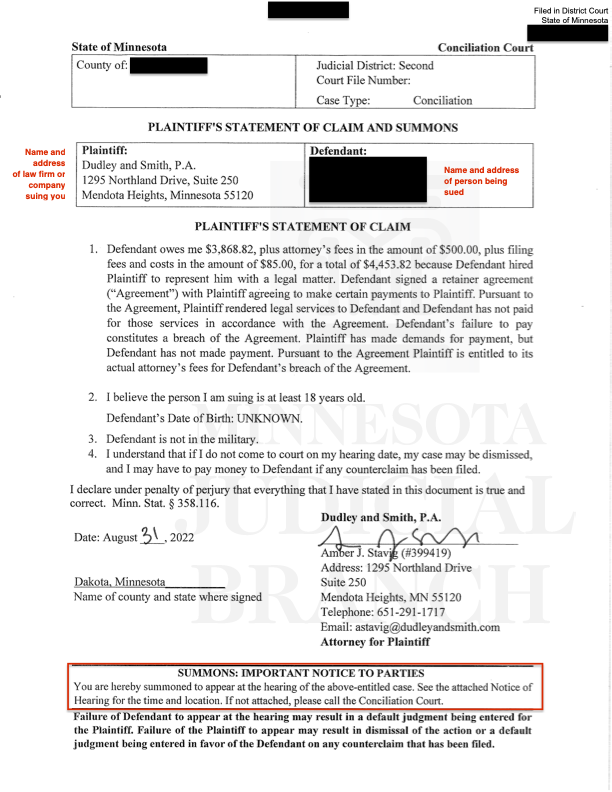 Image of a Redacted Statement of Claim and Summons for Minnesota