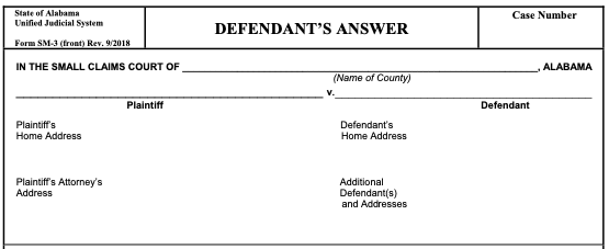 Image of a blank Alabama Defendant's Answer (Top of Form)