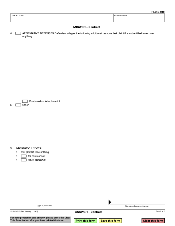Image of a California Answer Form for debt lawsuits showing Affirmative Defenses section