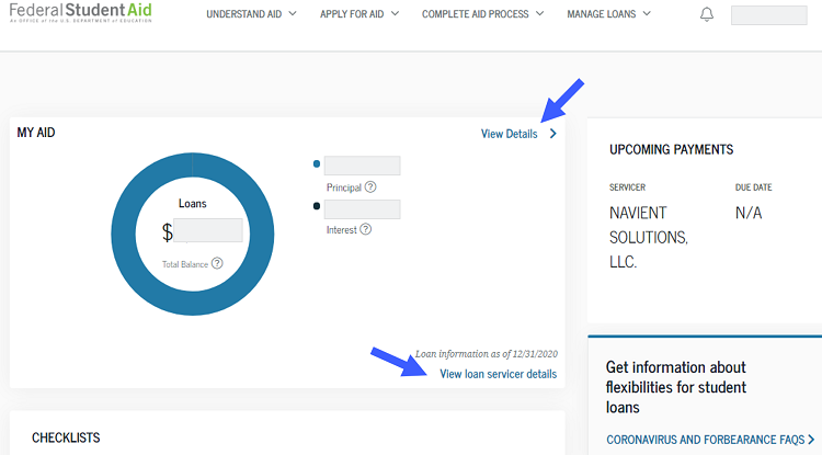 NSLDS Dashboard redacted showing arrows to links on webpage