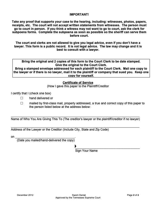 Image of page 2 of the Tennessee Sworn Denial Form 