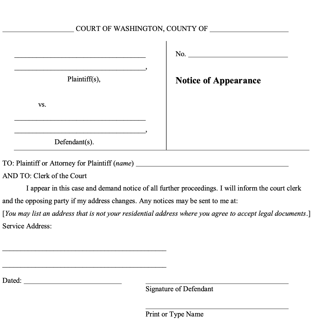 Image of a blank Washington Notice of Appearance Form