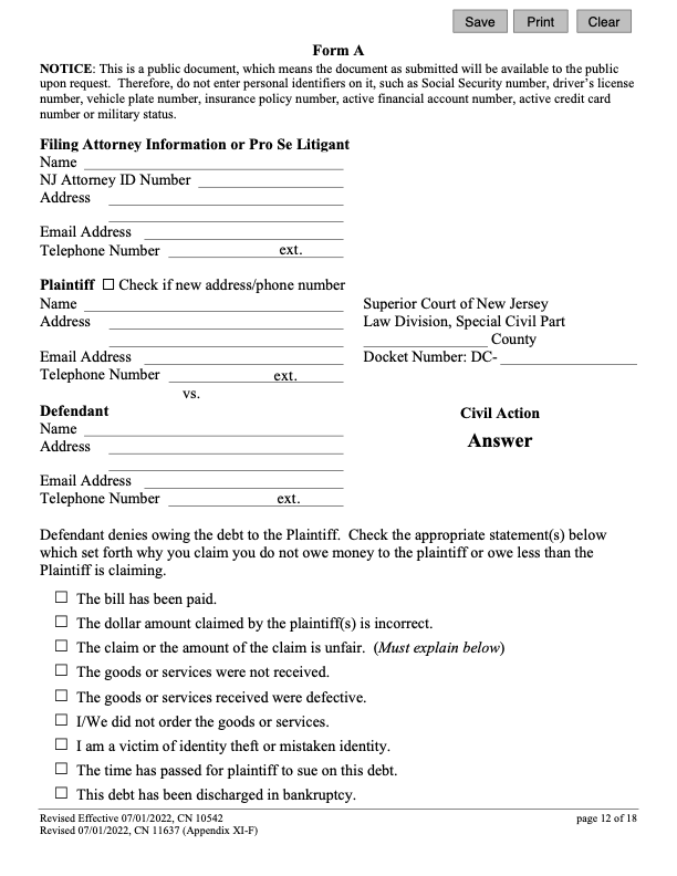 Image of a New Jersey Answer Form for a Civil Suit