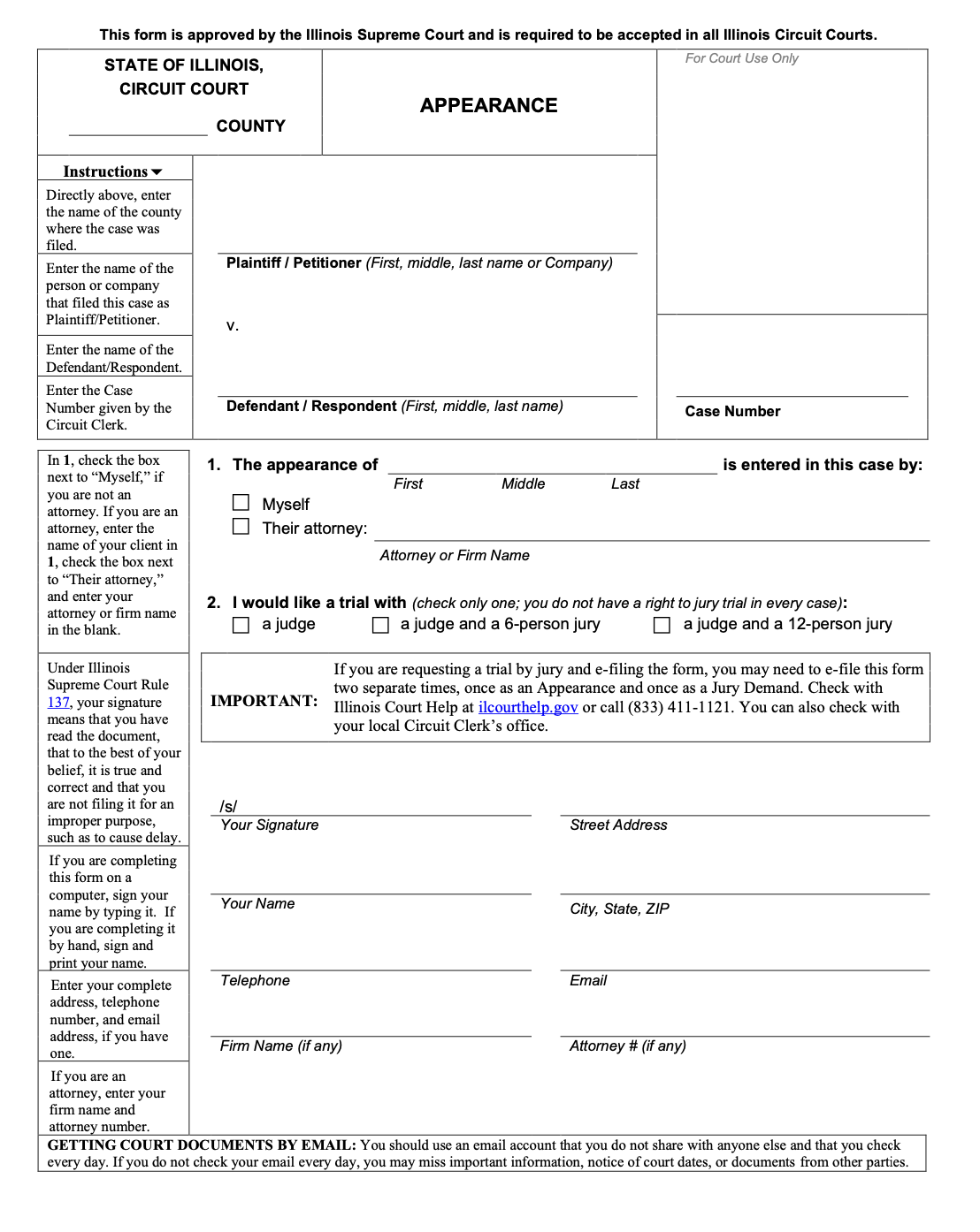 Image of a blank Illinois Appearance Form