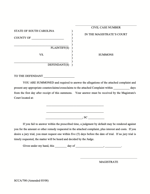 Image of a blank South Carolina Court Summons