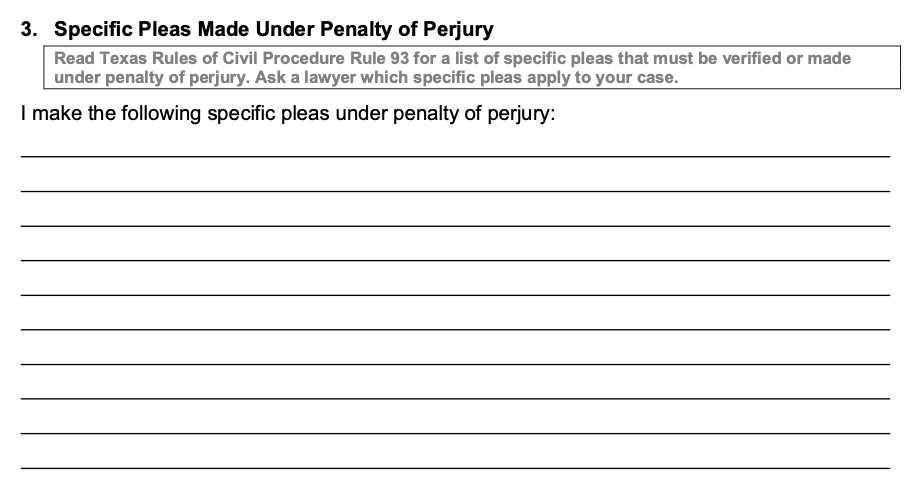 Image of a blank Specific Pleas Section part of the Texas Law Help Answer Form