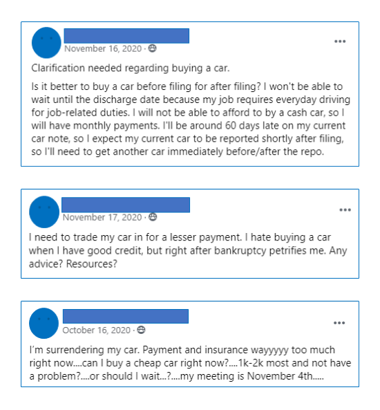 3 Facebook posts from Upsolve's User Group asking questions about purchasing a car after bankruptcy