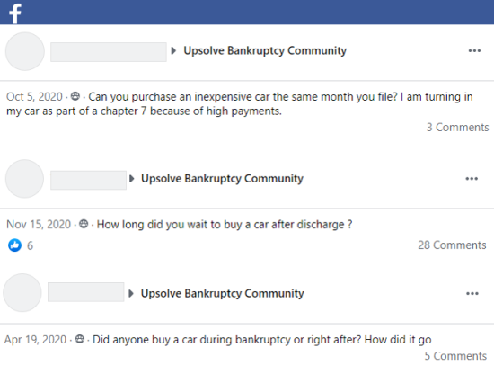 3 Facebook posts from Upsolve's User Group asking questions about purchasing a car after bankruptcy