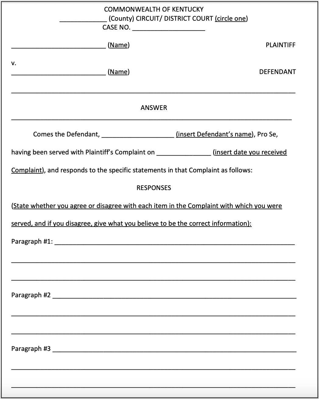 Image of a Kentucky Answer Form