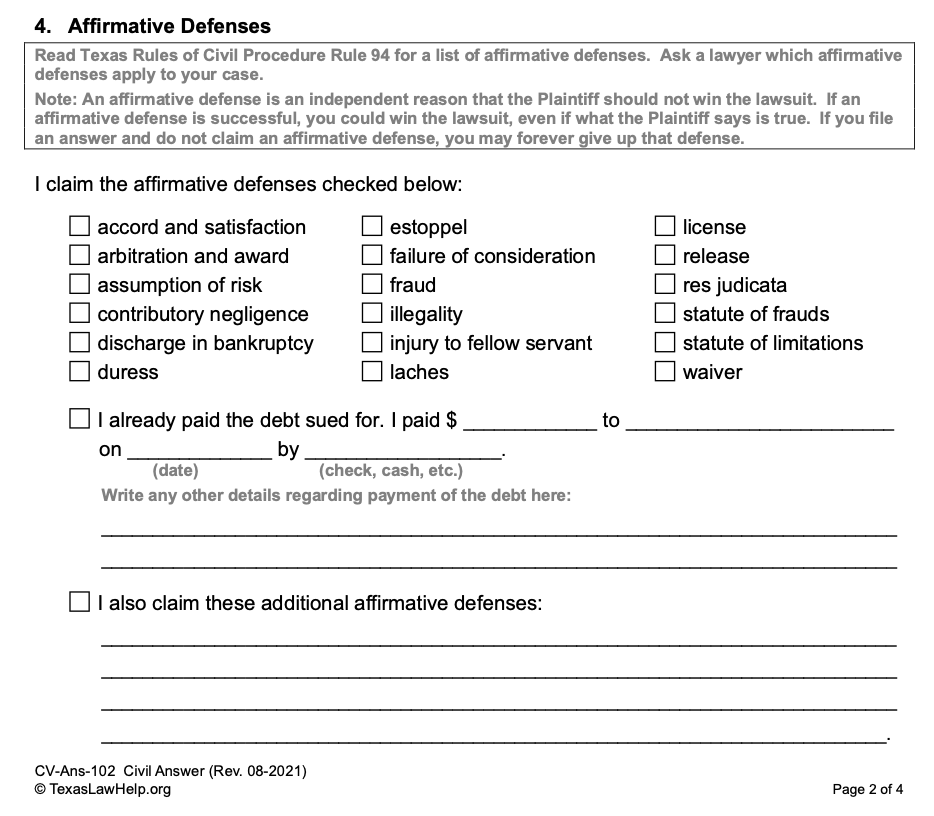 Image of the Affirmative Defenses Section on a Texas Law Help Answer Form